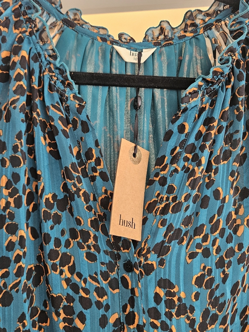 Teal Animal-Print Long Sleeve Midi Dress with Waist Tie Sz 10 - Picture 4 of 5